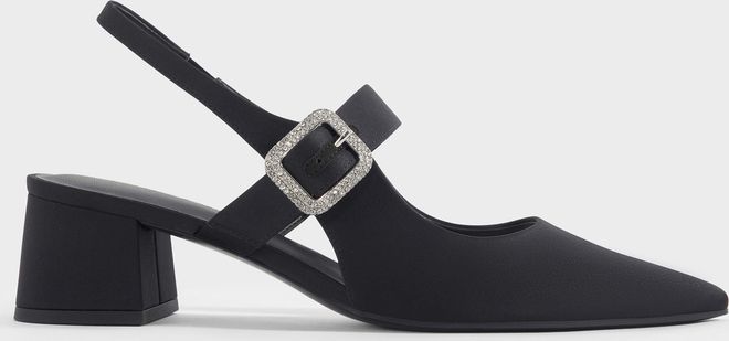 Satin Crystal-Buckle Block-Heel Slingback Pumps