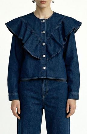 Vero Moda Fia Ruffle Placket Denim Button-Up Shirt in Medium Blue Denim at Nordstrom, Size X-Large
