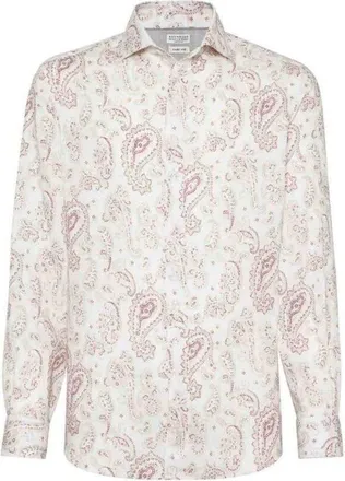 Brunello Cucinelli MenS Raspberry Paisley Linen Shirt, Size XS