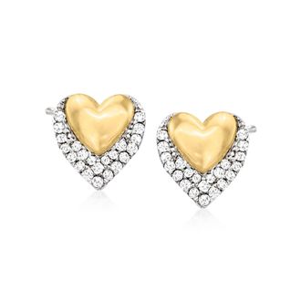 RS Pure by Ross-Simons Diamond Double-Heart Stud Earrings in Sterling Silver and 14kt Yellow Gold