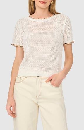 Parker Beaded Short Sleeve Pointelle Sweater in Antique White at Nordstrom Rack, Size X-Large