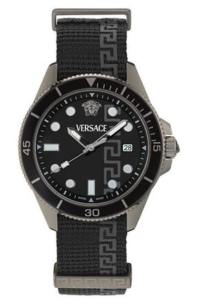 Versace Greca Force Fabric Strap Watch, 42mm in Gunmetal at Nordstrom