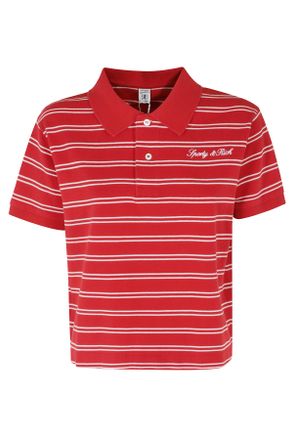 Sporty & Rich Red Signature Logo Striped Boxy Cotton Polo Shirt