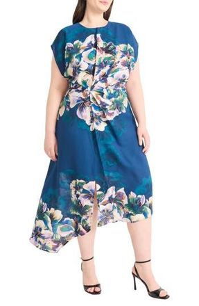 Maggy London Floral Short Sleeve Asymmetric Hem Midi Dress in Deep Teal/Light Royal Lilac at Nordstrom Rack, Size 14 W
