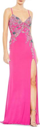Mac Duggal Floral Crystal Embellished Gown In Hot Pink