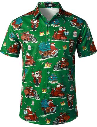 JOGAL Mens Fun Hawaiian Christmas Santa Claus Print Shirts Short Sleeve Casual Button Down Shirts Green Moto XX-Large