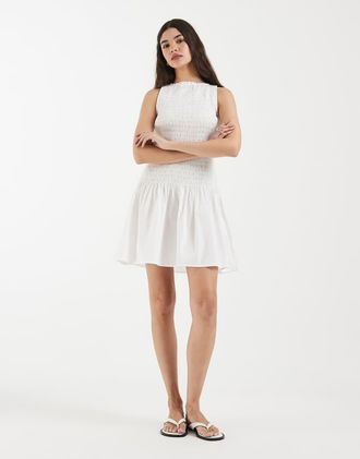 & Other Stories Vestito corto a punto smock in puro cotone bianco