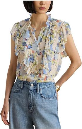 Lauren Ralph Lauren Floral Ruffle-Trim Georgette Shirt Womens Clothing Blue : XS, Polyester