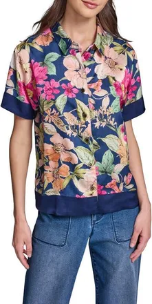Karl Lagerfeld Floral Short Sleeve Button-Up Shirt in Currant/light Blush Multi at Nordstrom, Size X-Small
