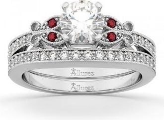 Allurez Butterfly Diamond & Ruby Bridal Set 14k White Gold (0.42ct)