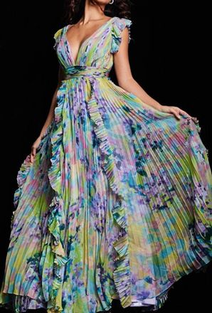 Jovani Flutter Sleeve Floral Evening Maxi Dress In Multi