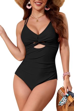 SHEKINI Swimming Costume for Women One Piece Swimsuit Womens Swimwear Cutout Twist Front Tummy Control Bathing Suits Black