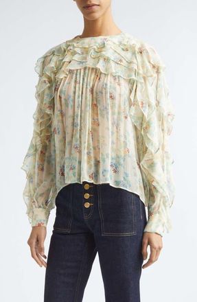 Ulla Johnson Willow Floral Ruffle Trim Silk Top in Moon Petal at Nordstrom, Size 14