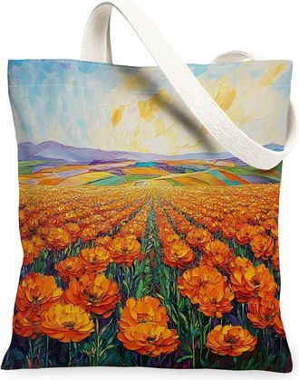 Generic Spring Marigolds Flower Canvas Tote Bag for Shopping 13x15, Florals Landscape Reusable Grocery Print Pattern Bag for Women, Nature Scenic Beach Aesthe