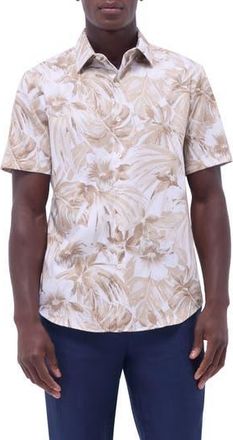 Bugatchi Orson Trim Fit Floral Short Sleeve Stretch Cotton Button-Up Shirt in Camel at Nordstrom Rack, Size Medium