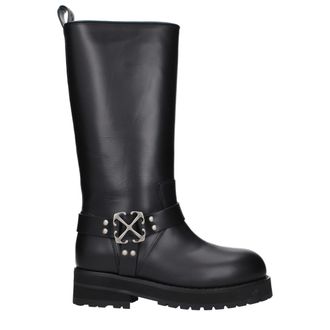 Off-white Black Leather Flat Womens Boots