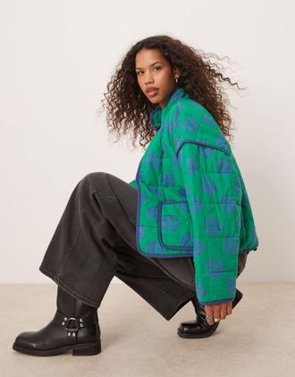 Free People Chloe floral print padded jacket in grass combo-Green