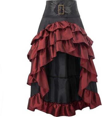 Generic Women Skirts Ruffled Trim Gothic Irregular Corset Matching Skirts Steampunk Party Dress S-5XL-Red-L