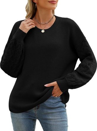 Heekpek Womens Jumpers Ladies Loose Jumpers Long Sleeve Tops Crewneck Cable Knit Sweaters Casual Pullover, Black, XL