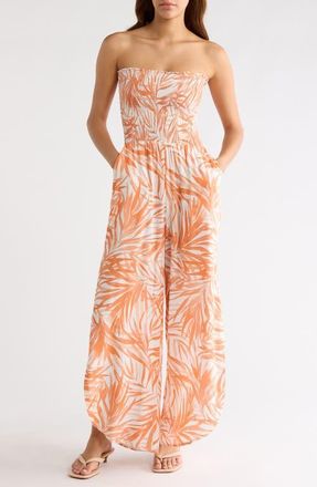 Elan Strapless Smocked Bodice Cover-Up Jumpsuit in Sunset Bali at Nordstrom, Size X-Large