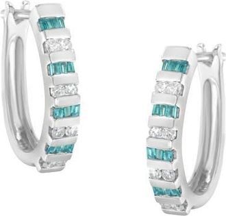 House of Brilliance 10k White Gold Round and Blue Baguette 1/2 Ct Diamond Hoop Earrings at Nordstrom
