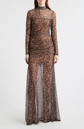 Black Halo Scarlett Long Sleeve Sheer Mesh Gown in Leopard Jersey at Nordstrom, Size 12