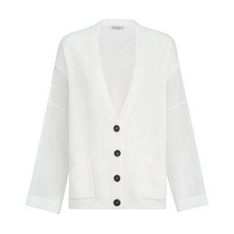 Brunello Cucinelli Brunello Cucinelli, Cardigans, female, White, Size: XS Ribbed Knit Cardigan with Sheer Sleeves