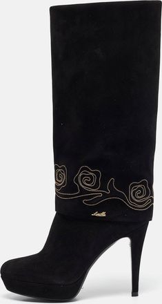 Loriblu Black Suede Cuff Embroidered Knee Length Boots