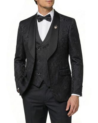 Mys Mens Floral Suit, 3 Piece Slim Fit Paisley Tuxedo, Jacket Pants Vest with Bow Tie for Wedding Prom Dinner, Black, L