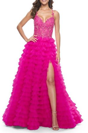 La Femme Neon Ruffle Tulle Prom Gown with Illusion Lace Bodice and High Slit in Hot Fuchsia at Nordstrom, Size 2