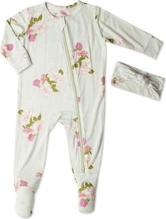 Everly Grey Jersey Long Sleeve Footie & Head Wrap Set in Peony at Nordstrom, Size Newborn