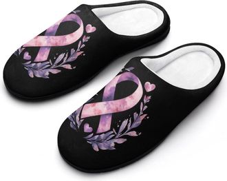 Generic Cancer Awareness with Flowers Slippers Men Winter Warm Cotton Anti-Slip Indoor Slip-Ons House Shoes