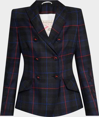 Maison Common Embroidered-Sleeve Plaid Double-Breasted Jacket