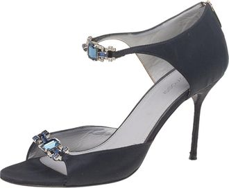 Sergio Rossi Black Satin Embellished Open Toe Pumps