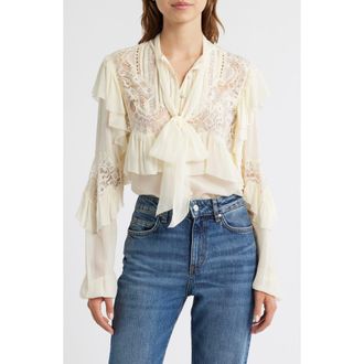 LoveShackFancy Farah Ruffle Detail Button-Up Shirt in Ivory at Nordstrom, Size X-Large