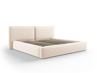 MICADONI Cama con cabecero y ba&uacute;l 200x200cm de terciopelo beige claro