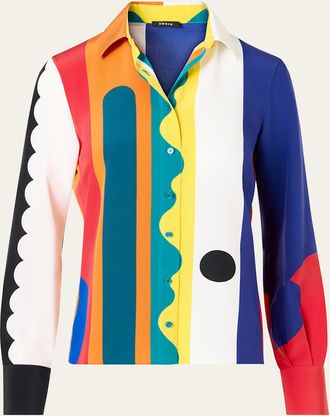 Akris Abstract-Print Silk Crepe Button-Down Shirt