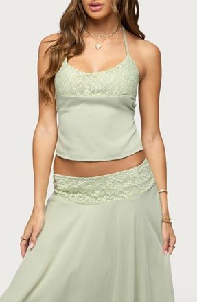 Edikted Evia Lace Trim Tie Back Halter Top in Sage at Nordstrom, Size X-Small