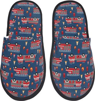 Generic Camping Slippers Fire Truck Print Slipper Anti-Slip Sole Sleepers Fluffy Indoor Slipper For Indoor Travel Bedroom L