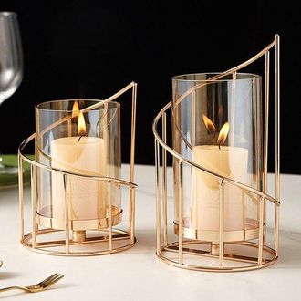 OEM Juego De Candelabros De Metal (2 Piezas), Candelabros De Columna De Vidrio, Velas De T&eacute; Decorativas Doradas, Adecuado Para Accesorios Del Hogar