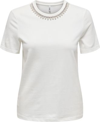 Only Kurzarmshirt ONLY ONLJOLLY LIFE S/S REG PEARL TOP JRS, Damen, Gr. XL, cloud dancer detail:pearl emb necklace, Jersey, Obermaterial: 100% Baumwolle, un