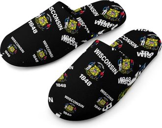 Generic Wisconsin State Flag Flannel Mens Slip-on Slippers Winter Warm House Shoes with Rubber Sole for Home Hotel