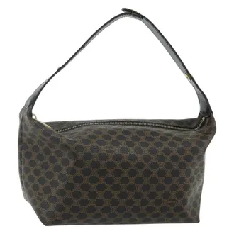 Celine Vintage Macadam Shoulder Bag Macadam Canva Vinyl Black Canvas Handbag (Pre-Owned)