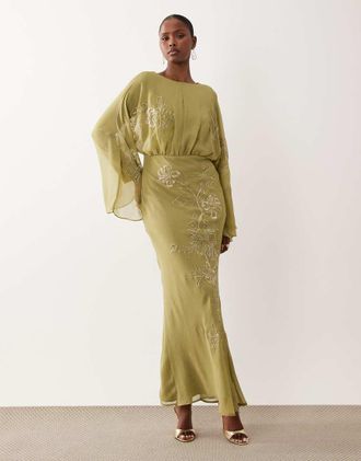 Asos Vestito lungo verde oliva ricamato