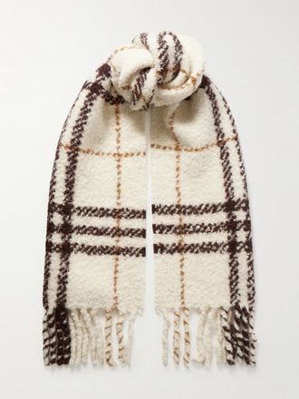 Burberry Sciarpa In Misto Alpaca A Quadri Boucl&eacute; Con Frange - Avorio