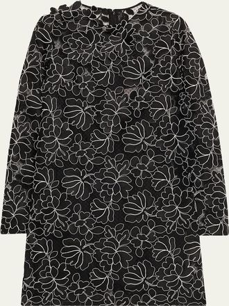 Lela Rose Holly Floral Lace Long-Sleeve Mini Dress