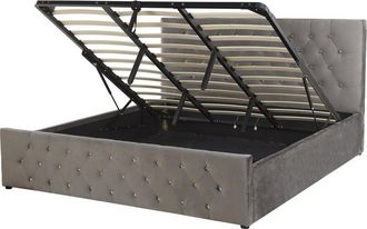 Beliani Cama Doble Tapizada En Terciopelo Gris 180 X 200 Cm Con Almacenamiento Cabecero Acolchado Amiens