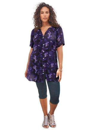 Roaman's Plus Size Angelina Crinkle Crepe Y-Neck Short Sleeve Tunic in Black Spray Floral at Nordstrom, Size 18