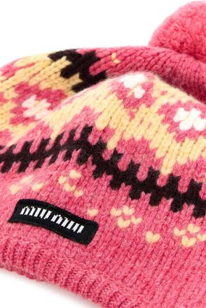 Miu Miu Womens Embroidered Wool Beanie Pink Virgin