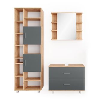 Vicco Conjunto De Muebles De Ba&ntilde;o Ilias, Antracita/roble Dorado, 3 Partes, Con Mueble Alto